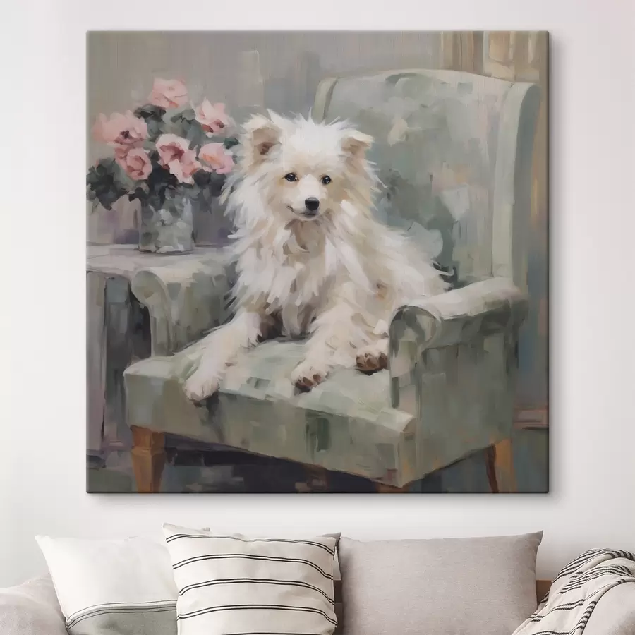  Schilderijen Een kleine hond op een stoel, imitatieschilderij s49597