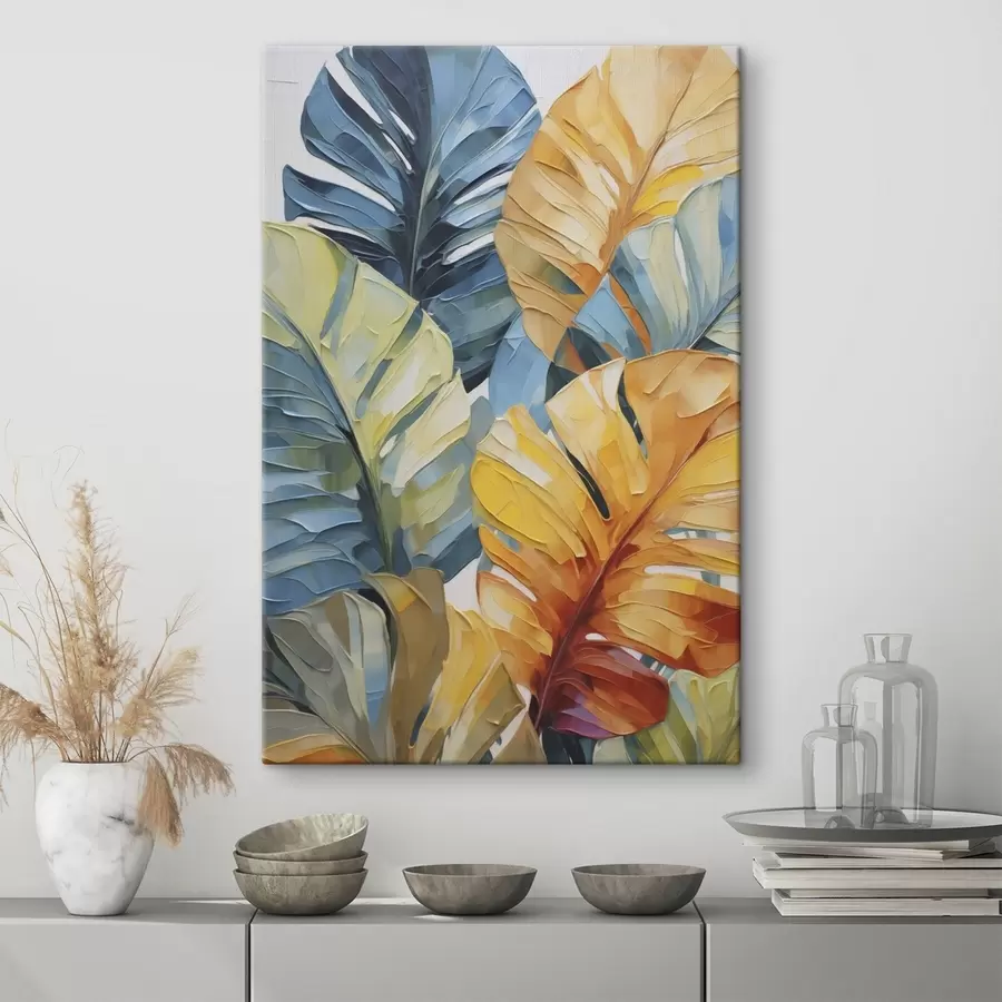  Schilderijen Schilderij met een afbeelding van kleurrijke tropische bladeren s49601