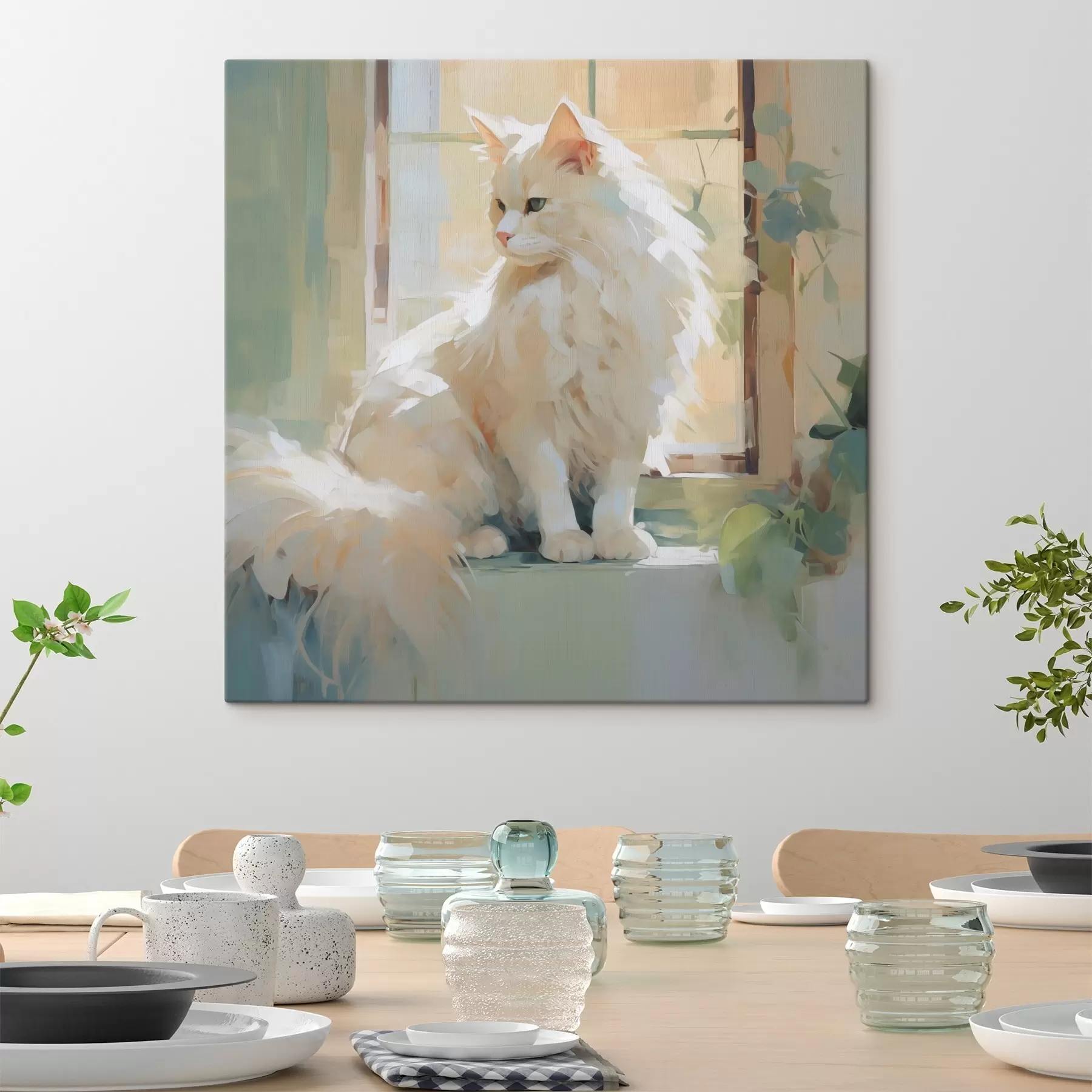 Schilderijen Een kat zit bij een raam, naar een schilderij s49603