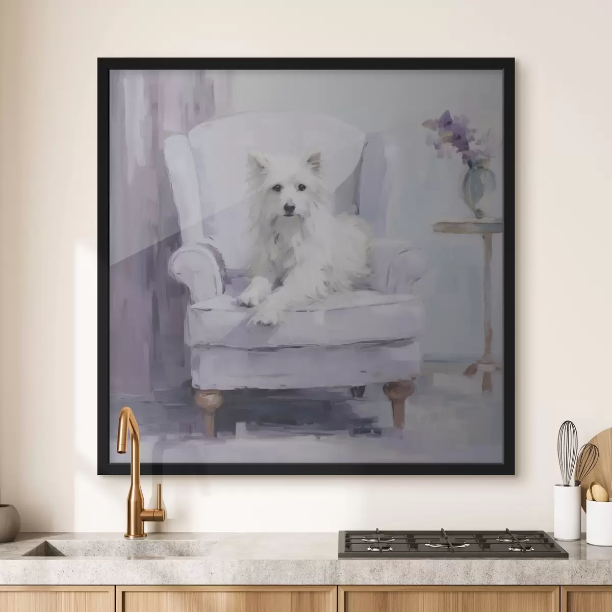 Poster Een hond op een stoel, imitatieschilderij f49596