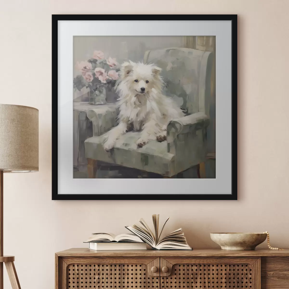Poster Een kleine hond op een stoel, imitatieschilderij f49597