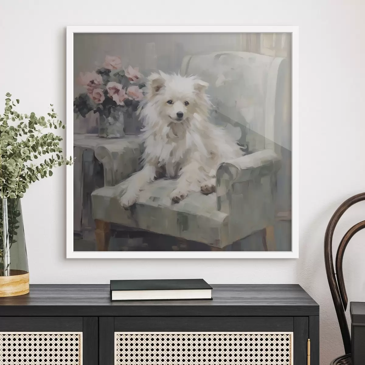 Poster Een kleine hond op een stoel, imitatieschilderij f49597