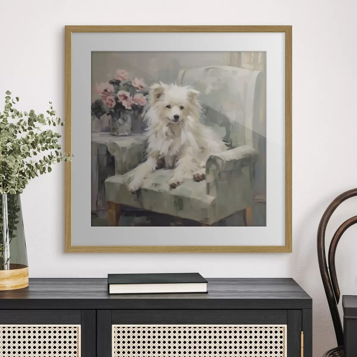 Poster Een kleine hond op een stoel, imitatieschilderij f49597