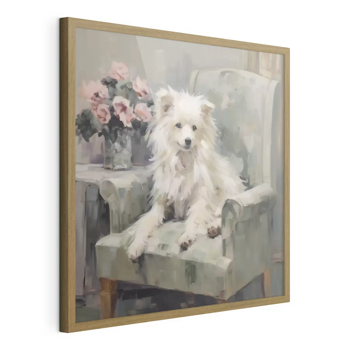 Poster Een kleine hond op een stoel, imitatieschilderij f49597