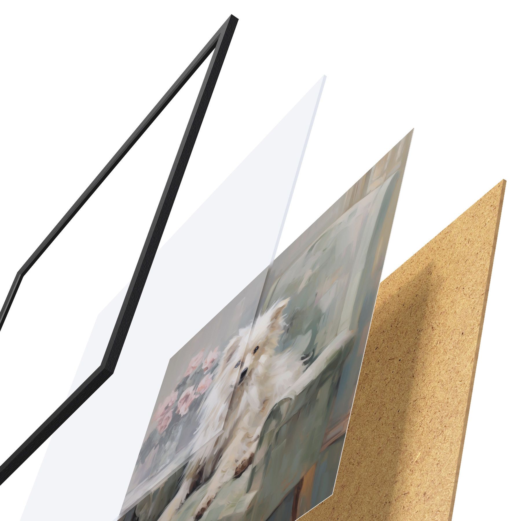 Poster Een kleine hond op een stoel, imitatieschilderij f49597