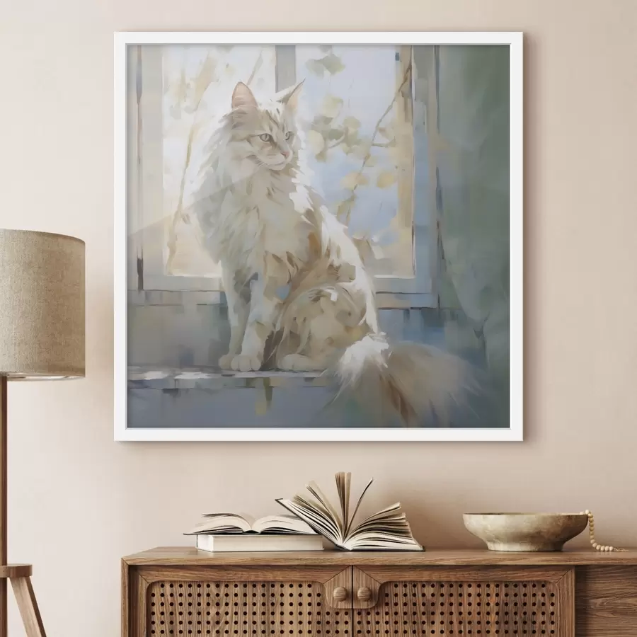 Fotobehang Een kat op een vensterbank is een imitatie van een schilderij f49602