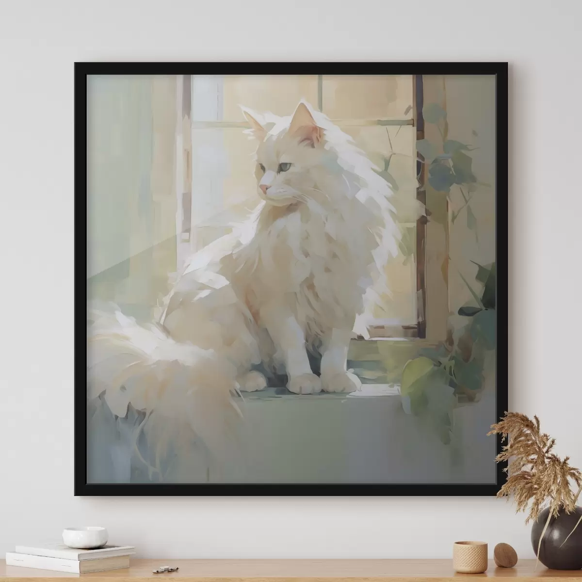 Poster Een kat zit bij een raam, naar een schilderij f49603