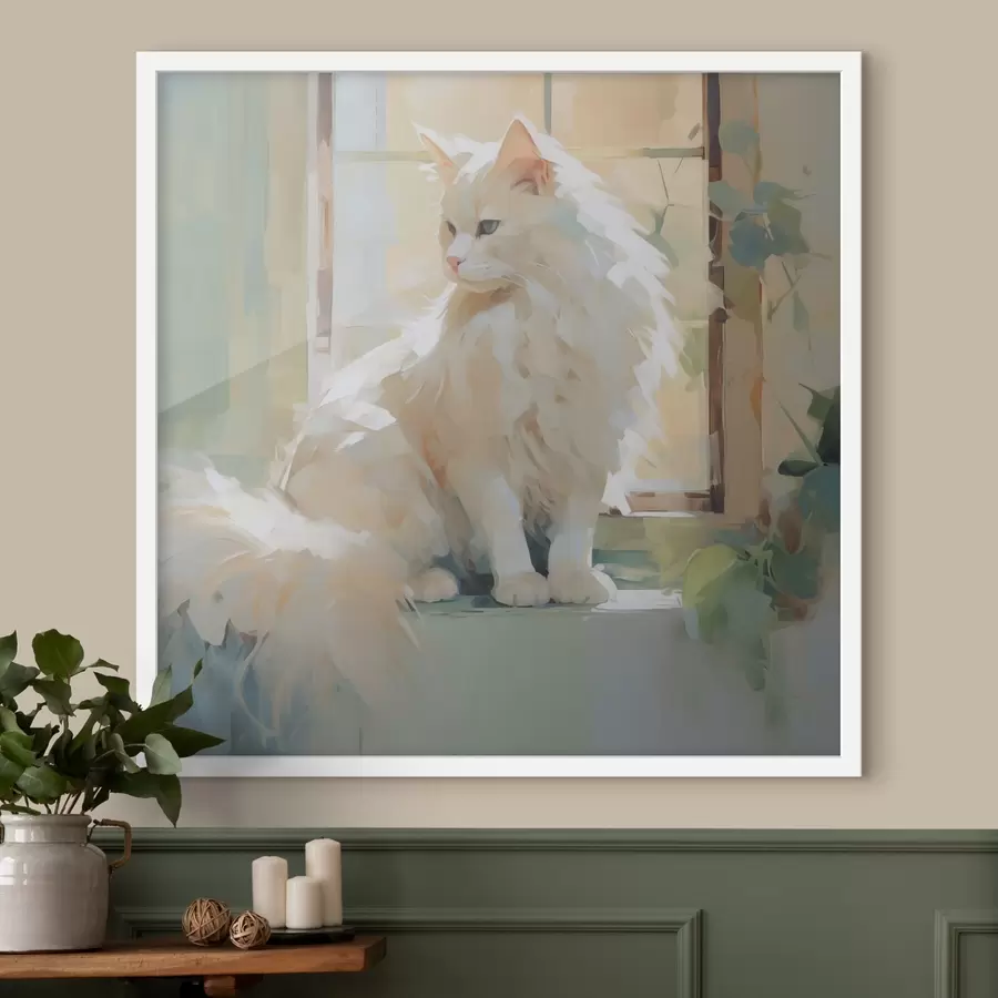 Fotobehang Een kat zit bij een raam, naar een schilderij f49603