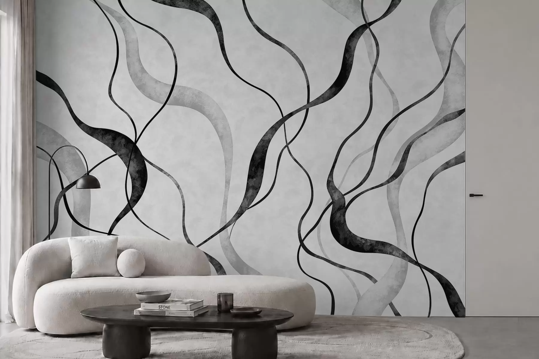Fotobehang Abstracte, vloeiende lijnen in monochrome tinten w05699