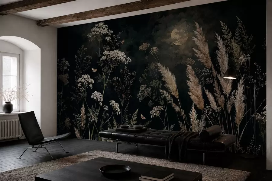 Fotobehang Een weide in het maanlicht met wilde grassen en bloemen w05701