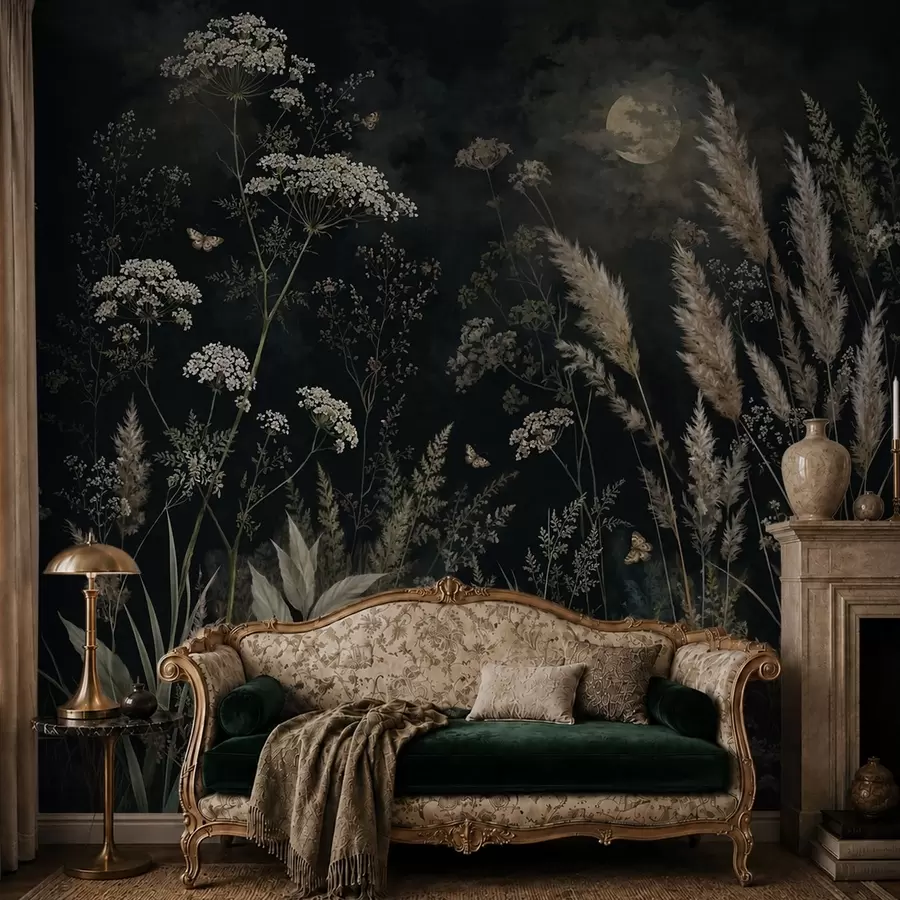 Fotobehang Een weide in het maanlicht met wilde grassen en bloemen w05701