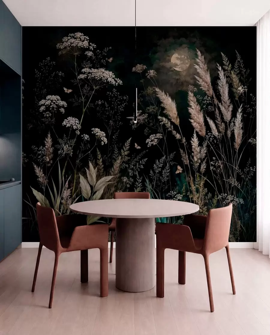Fotobehang Een weide in het maanlicht met wilde grassen en bloemen w05701