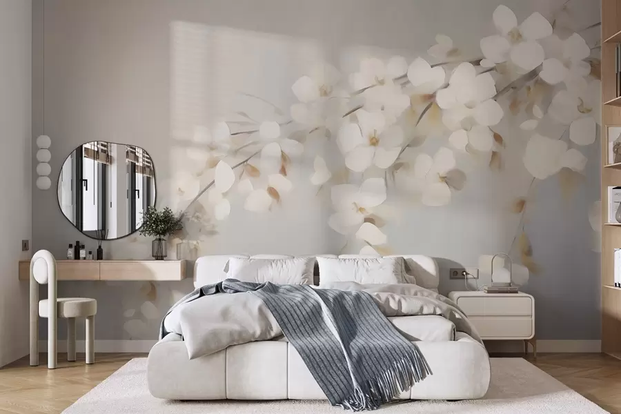 Fotobehang Abstracte tak met bloemen, naar een schilderij w05665