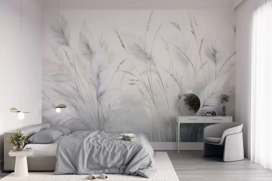 Fotobehang Hoog, pluizig gras wiegt zachtjes tegen een zachte, ingetogen achtergrond; delicate natuurlijke kunst w09831