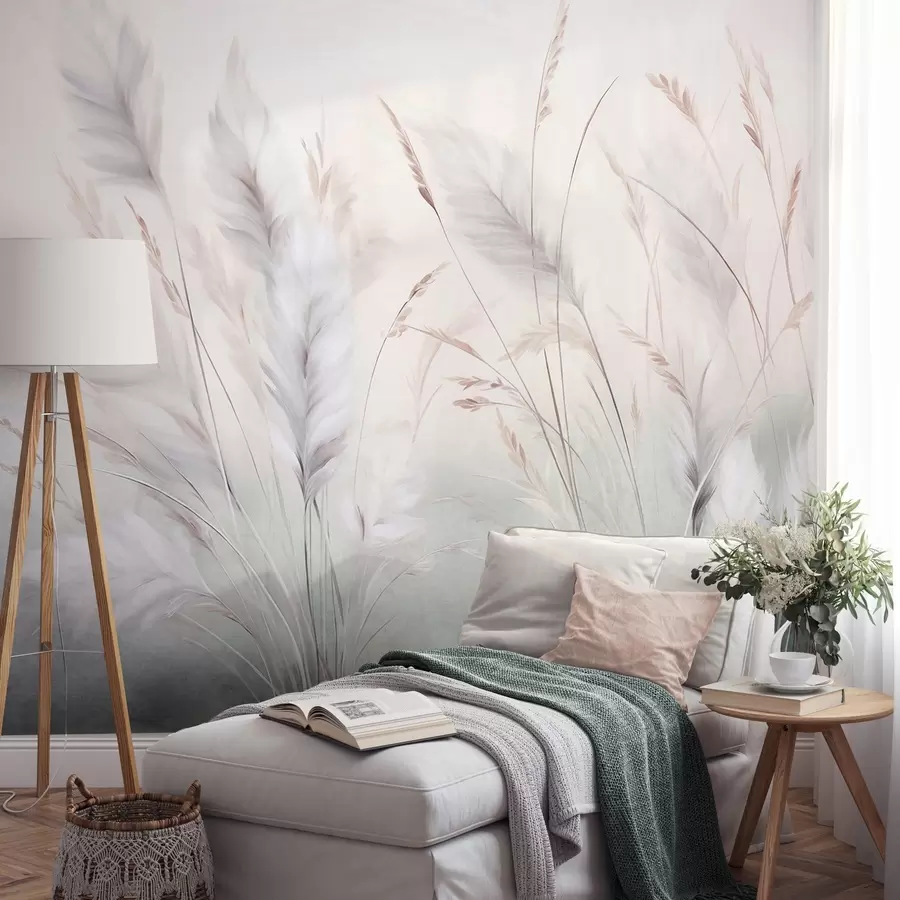 Fotobehang Hoog, pluizig gras wiegt zachtjes tegen een zachte, ingetogen achtergrond; delicate natuurlijke kunst w09831