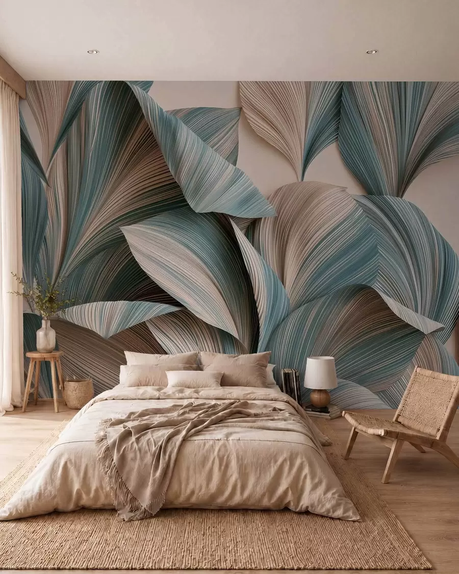 Fotobehang Tropische bladeren met een volumineus effect in rustige beige en blauwe tinten w09914