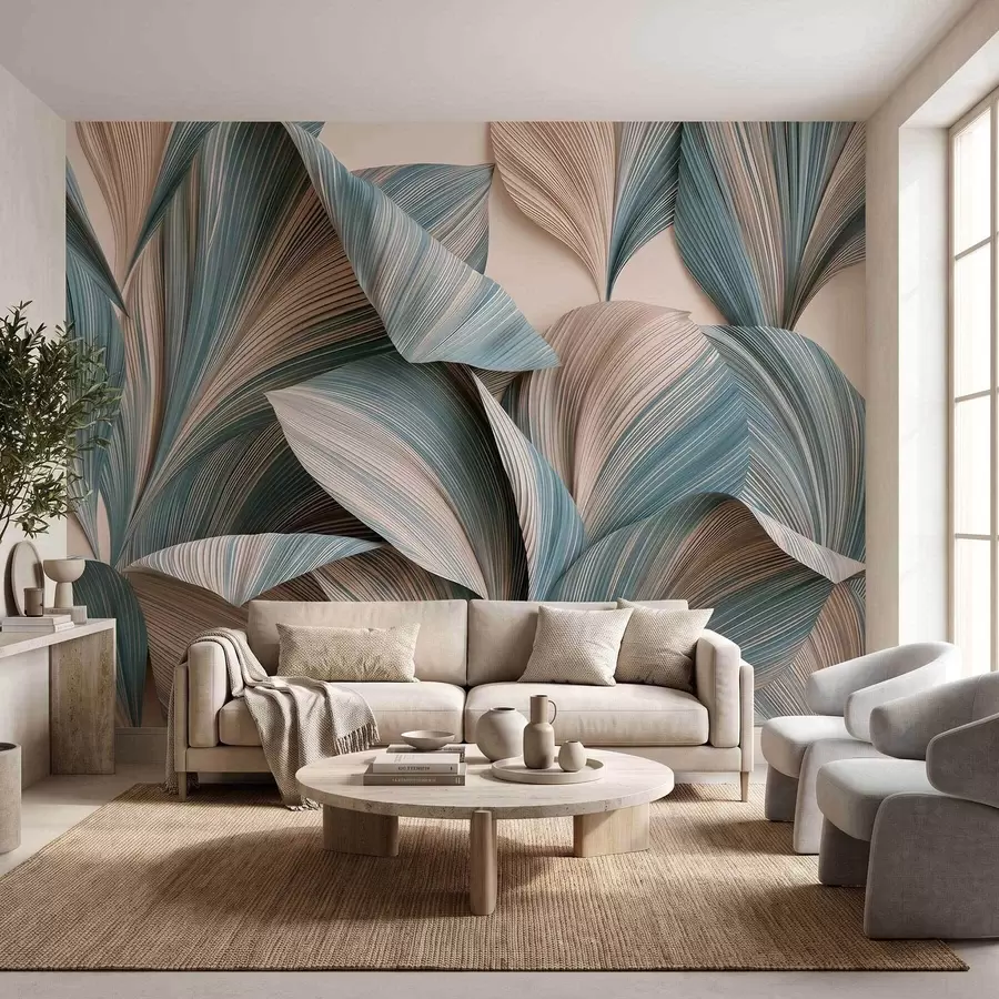 Fotobehang Tropische bladeren met een volumineus effect in rustige beige en blauwe tinten w09914