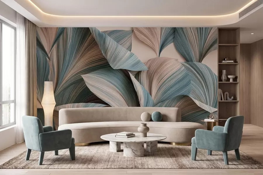 Fotobehang Tropische bladeren met een volumineus effect in rustige beige en blauwe tinten w09914