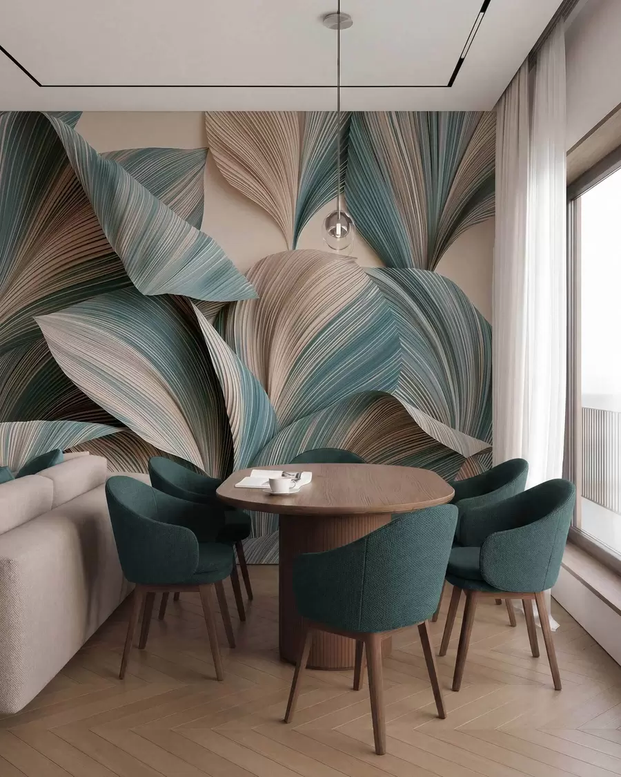 Fotobehang Tropische bladeren met een volumineus effect in rustige beige en blauwe tinten w09914