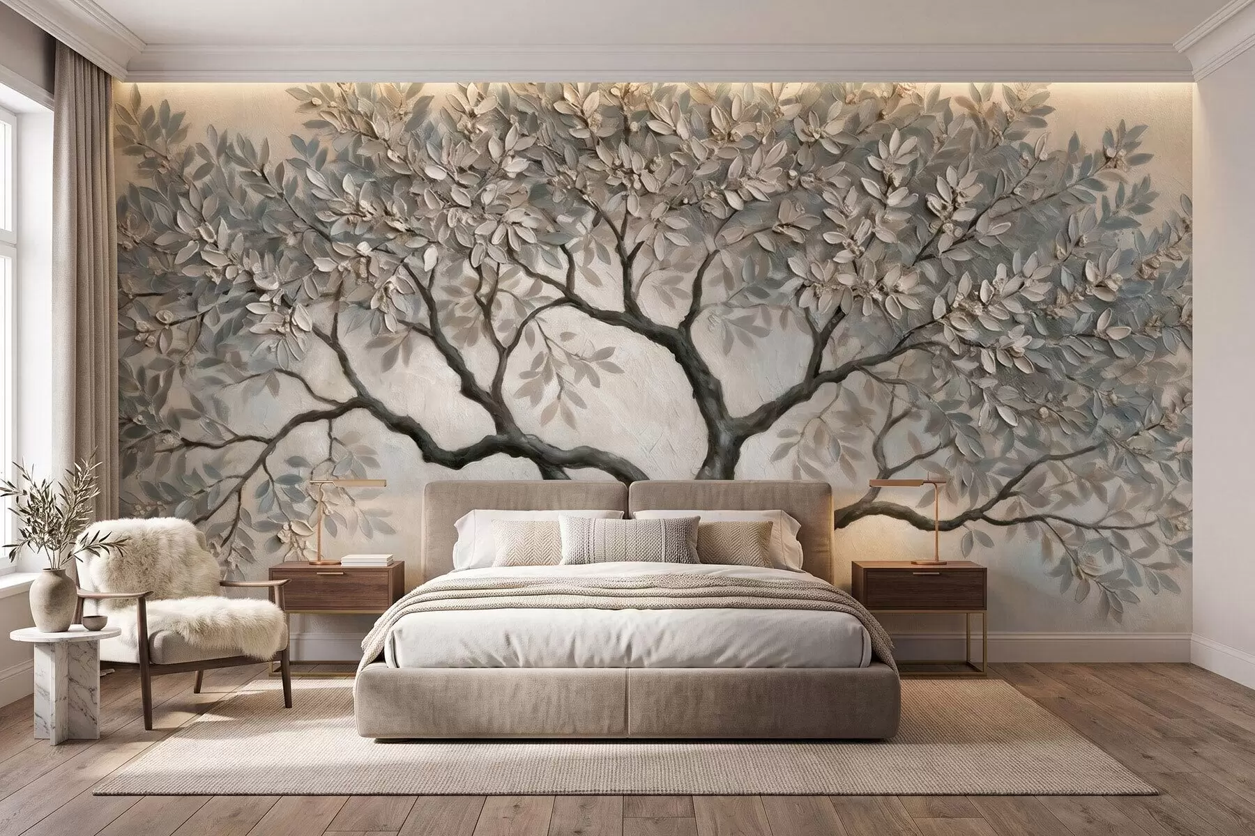 Fotobehang Boom in olieverfstijl in rustige, natuurlijke grijs-beige tinten w09919