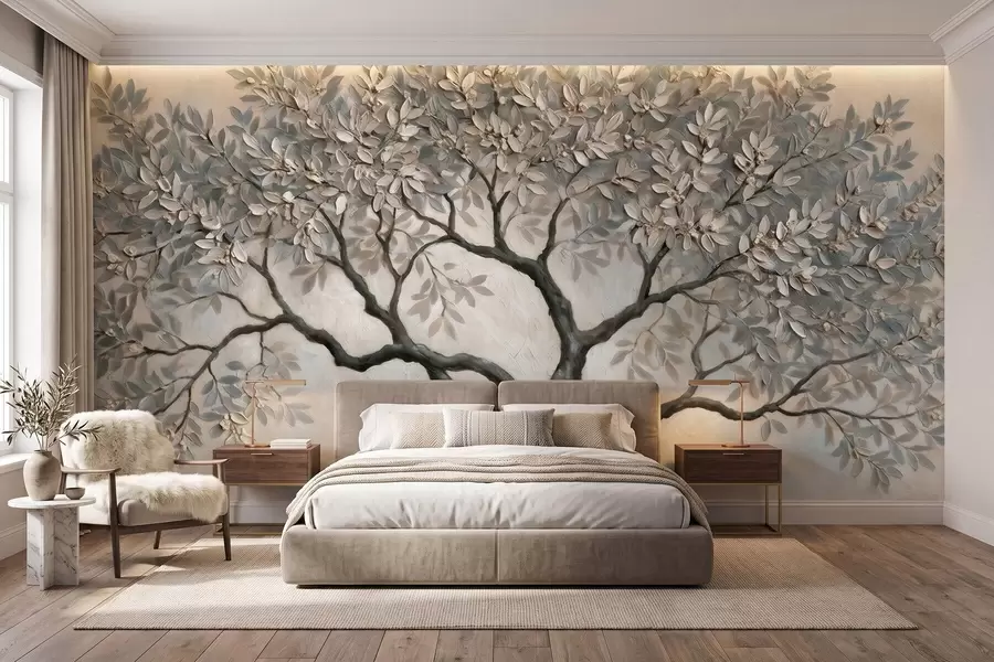 Fotobehang Boom in olieverfstijl in rustige, natuurlijke grijs-beige tinten w09919