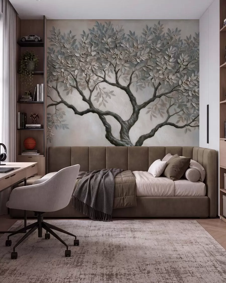 Fotobehang Boom in olieverfstijl in rustige, natuurlijke grijs-beige tinten w09919