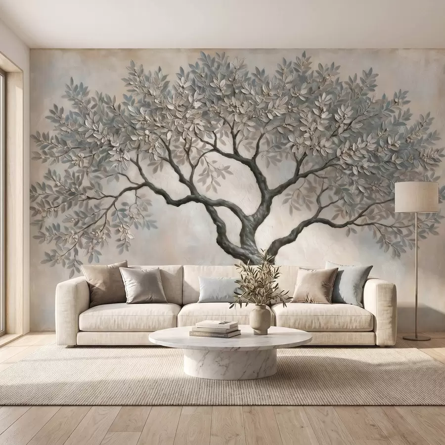 Fotobehang Boom in olieverfstijl in rustige, natuurlijke grijs-beige tinten w09919