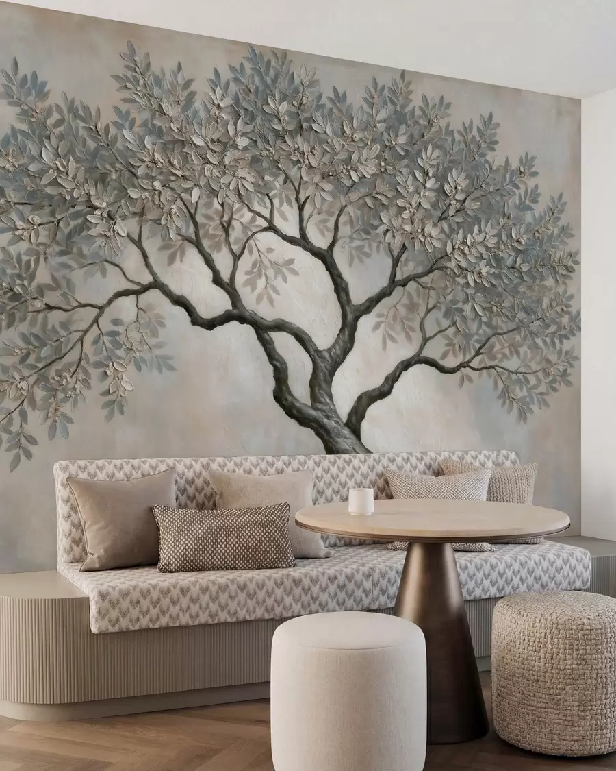 Fotobehang Boom in olieverfstijl in rustige, natuurlijke grijs-beige tinten w09919