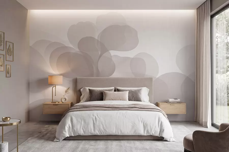 Fotobehang Halfdoorzichtige, abstracte botanische silhouetten in warme beige tinten w09925
