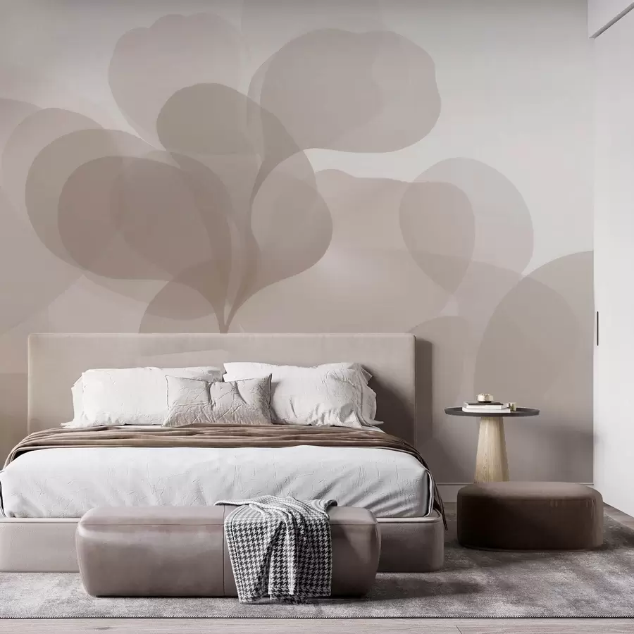 Fotobehang Halfdoorzichtige, abstracte botanische silhouetten in warme beige tinten w09925