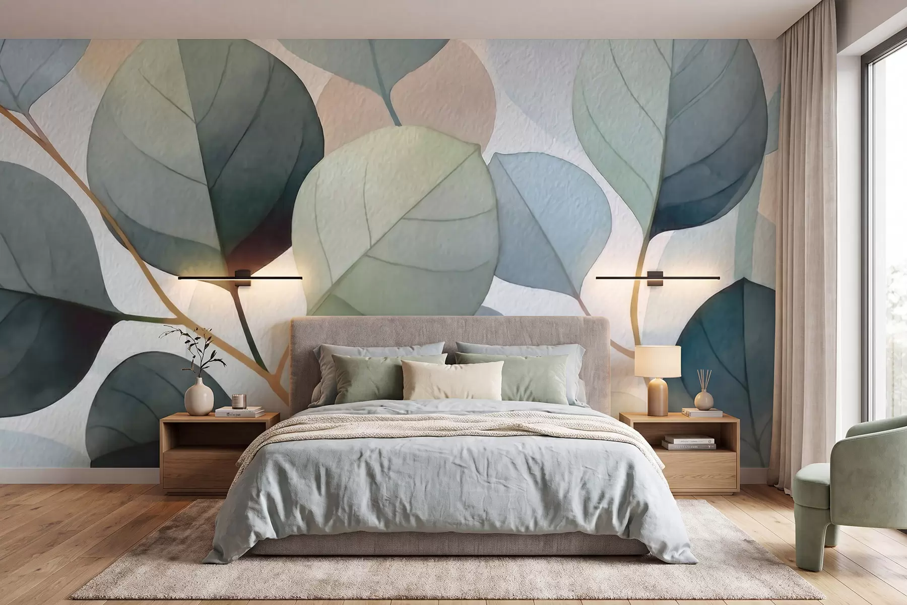 Fotobehang Fijne aquarelafbeeldingen van eucalyptusbladeren w09927