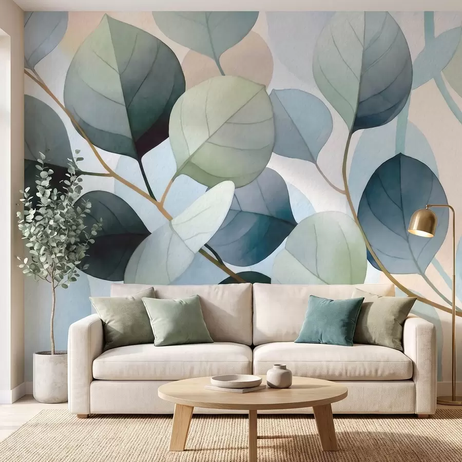 Fotobehang Fijne aquarelafbeeldingen van eucalyptusbladeren w09927