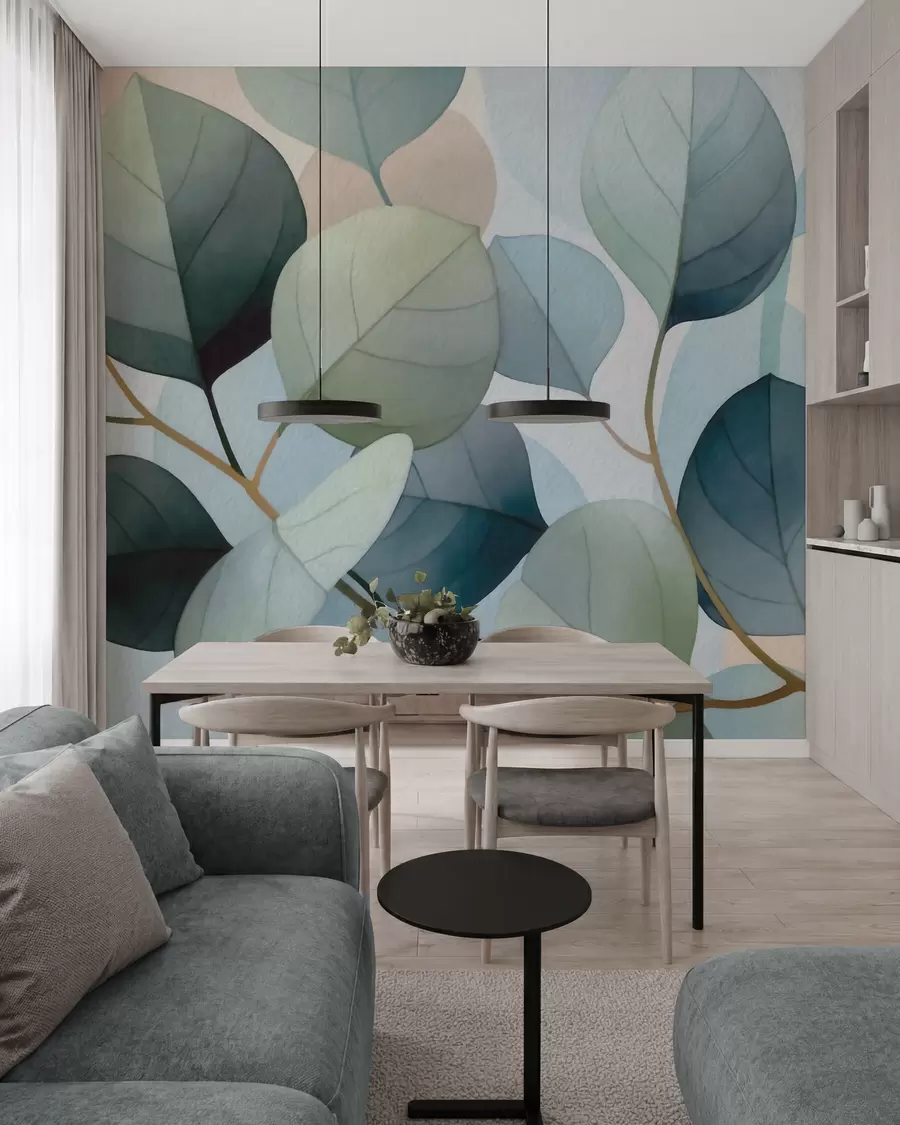 Fotobehang Fijne aquarelafbeeldingen van eucalyptusbladeren w09927
