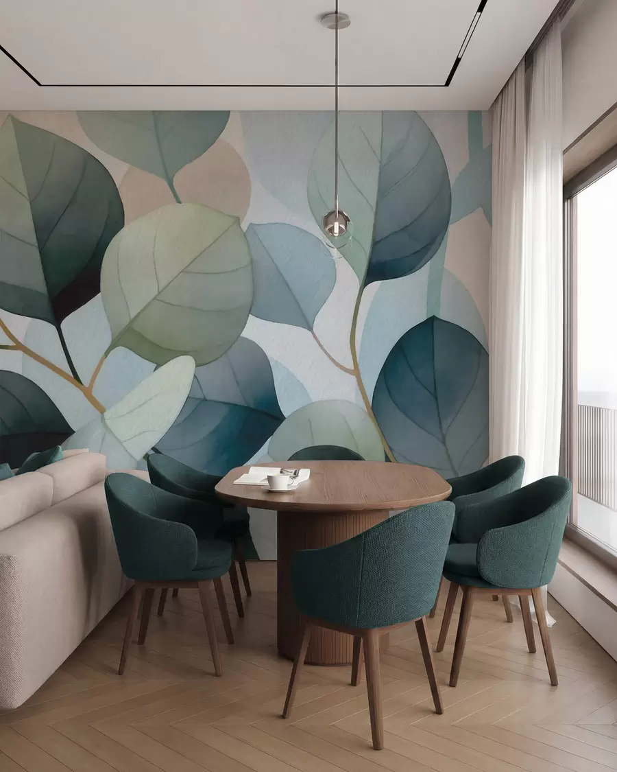 Fotobehang Fijne aquarelafbeeldingen van eucalyptusbladeren w09927