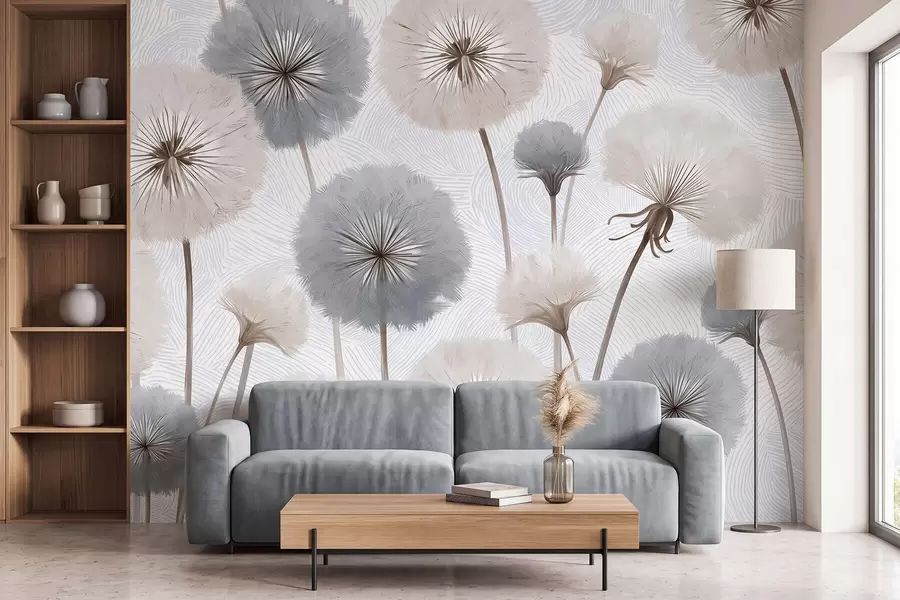 Fotobehang Luchtige, pluizige paardenbloemen in een zacht, natuurlijk kleurenpalet w09936