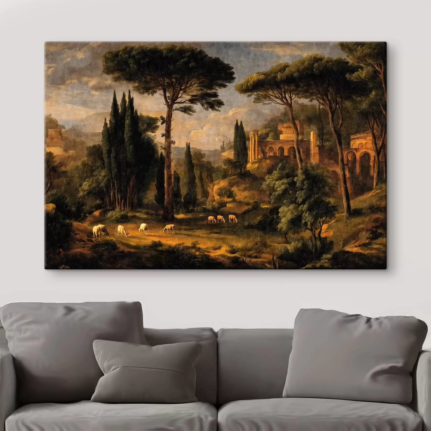  Schilderijen Klassiek landschap met bomen, ruïnes en schapen s49674