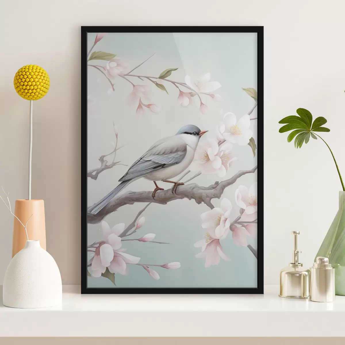 Poster Een vogel op een bloeiende tak f49550