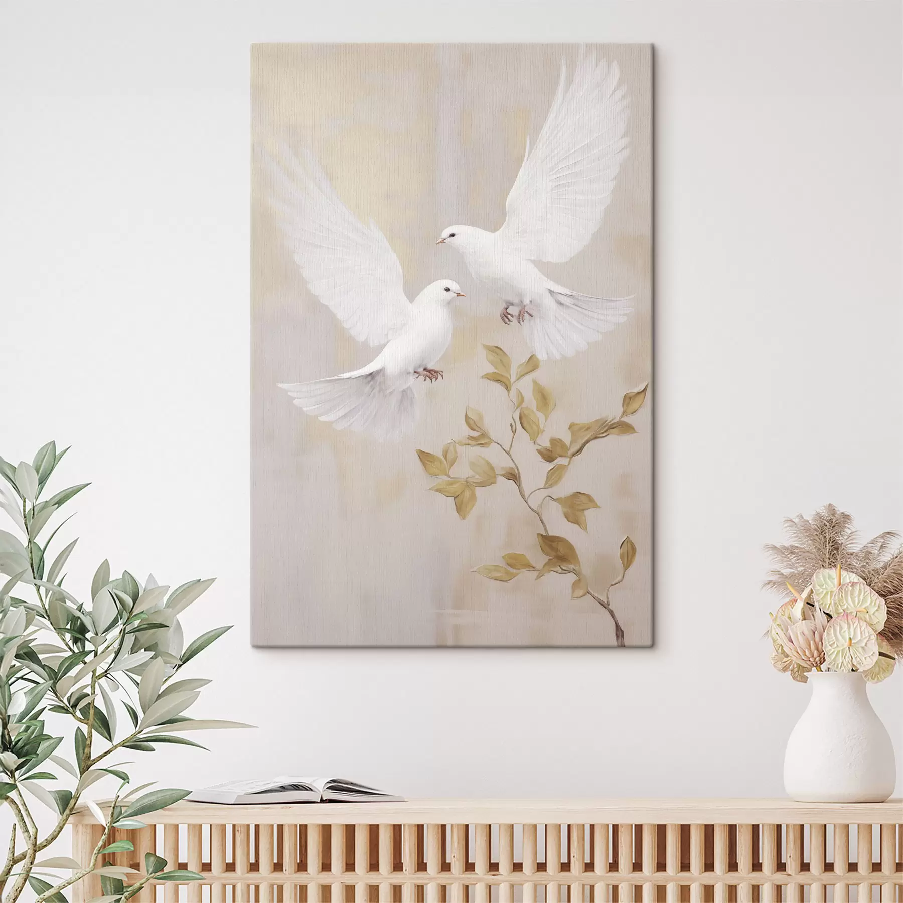  Schilderijen Een witte vogel bij een tak met lichtbruine bladeren, tegen een rustige achtergrond s49764