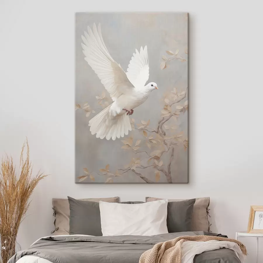  Schilderijen Een witte vogel bij een tak met lichtbruine bladeren, tegen een rustige achtergrond s49763