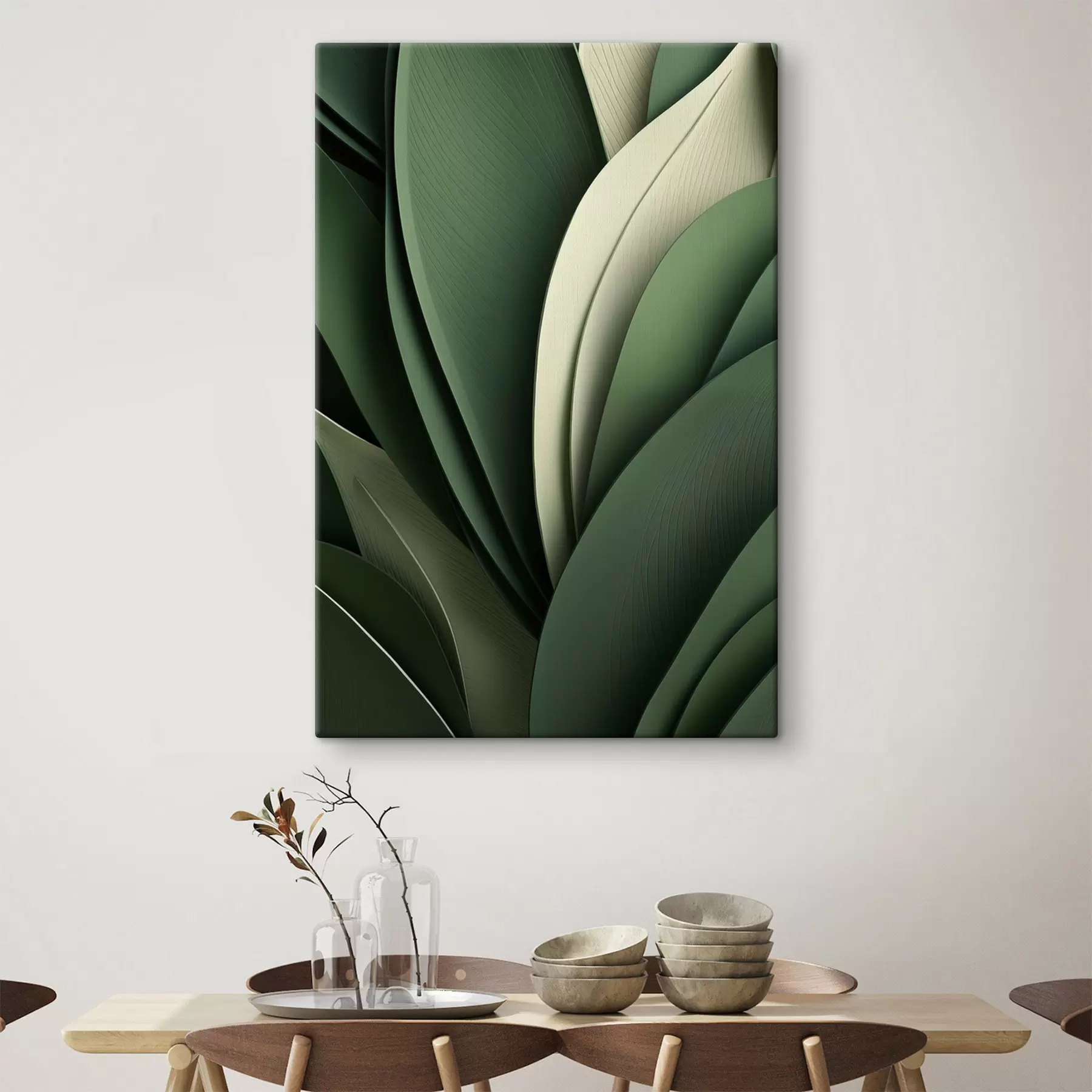  Schilderijen Gelaagde, abstracte groene bladeren met subtiele crèmekleurige accenten s49765