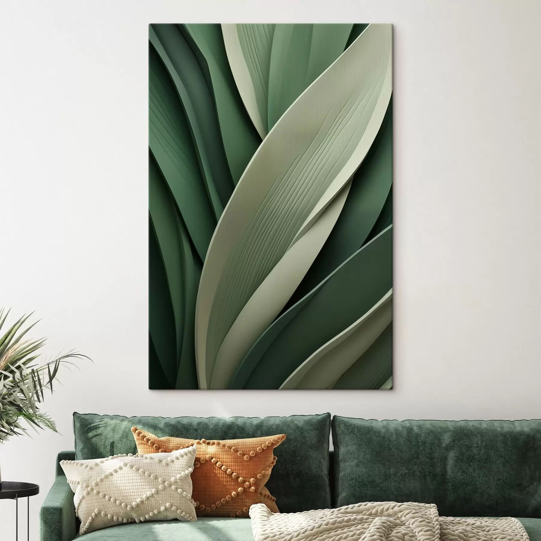  Schilderijen Gelaagde, abstracte groene bladeren met subtiele crèmekleurige accenten s49766