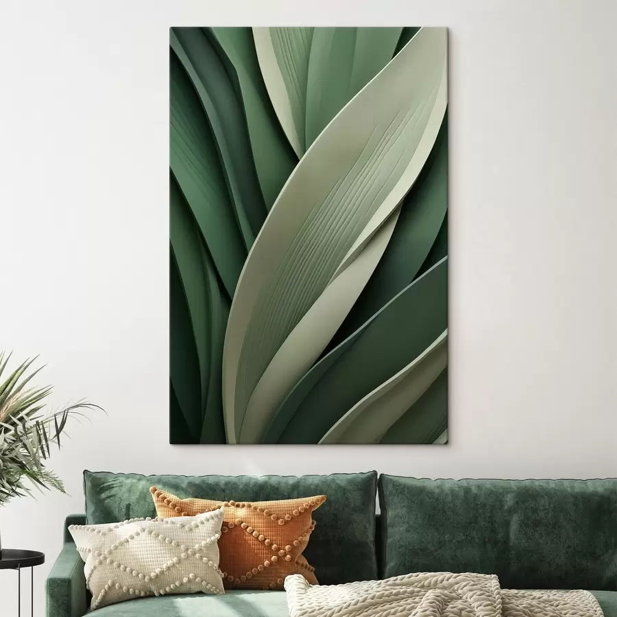  Schilderijen Gelaagde, abstracte groene bladeren met subtiele crèmekleurige accenten s49766