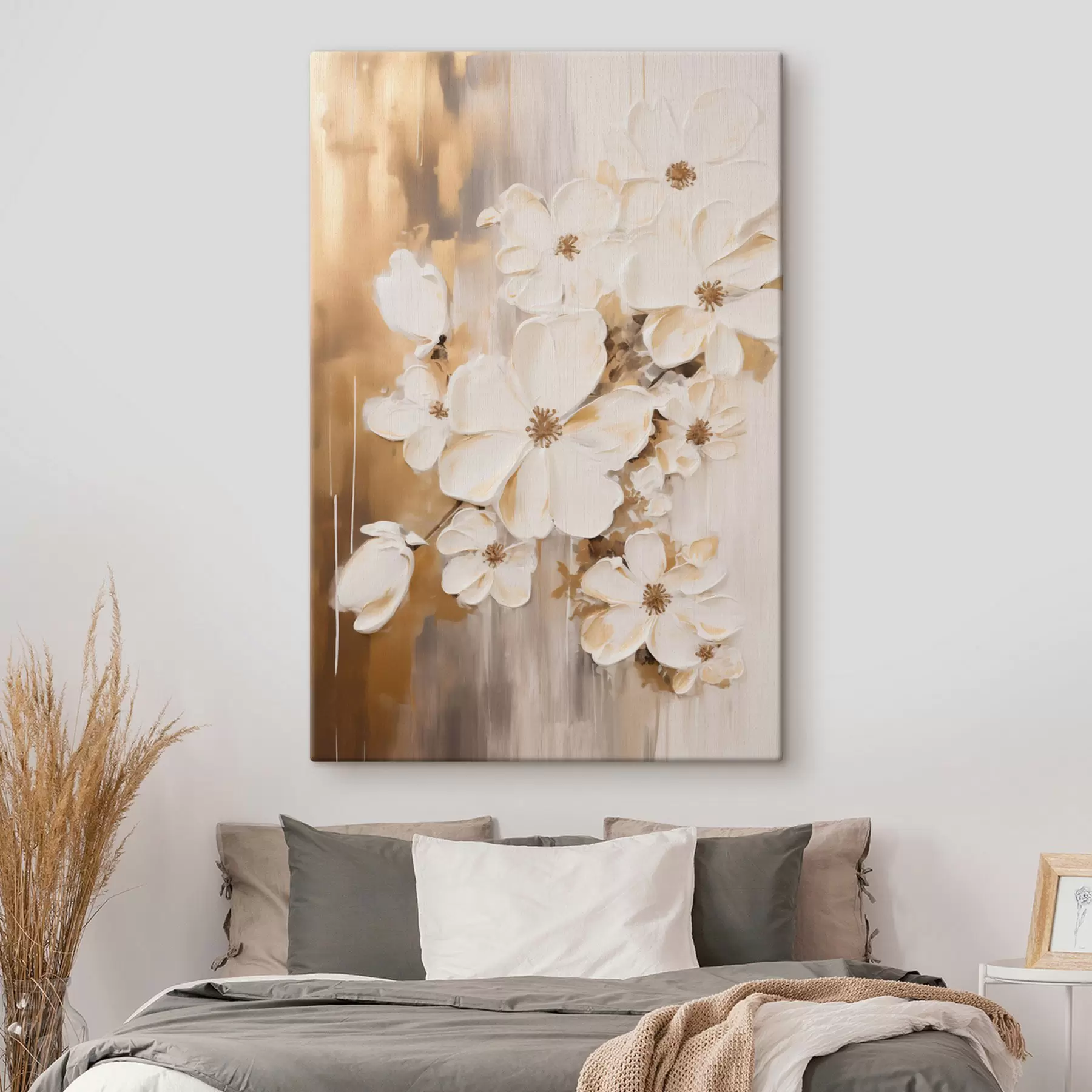  Schilderijen Witte bloemen tegen een structuurrijke achtergrond, in schilderachtige stijl s49767