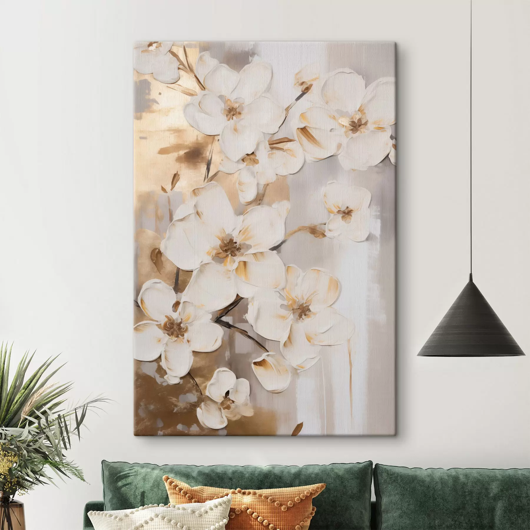  Schilderijen Witte bloemen tegen een structuurrijke achtergrond, in schilderachtige stijl s49768
