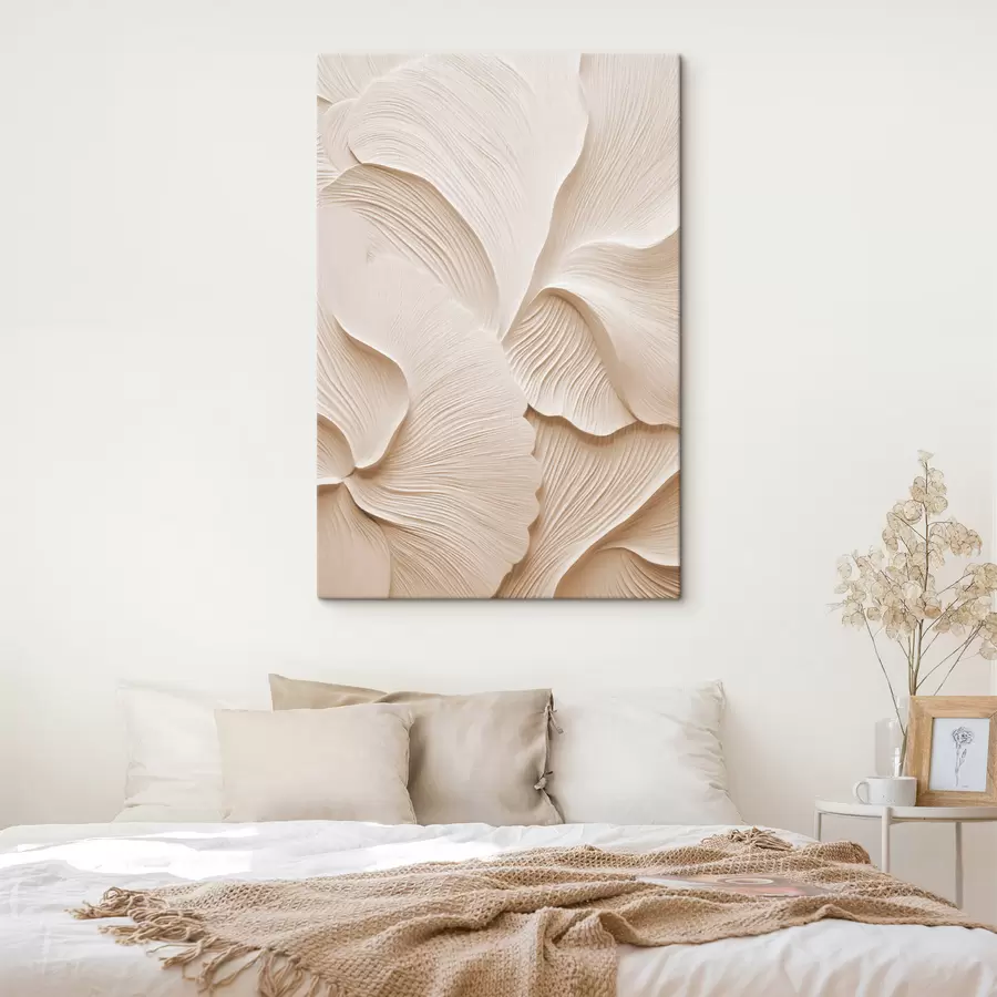  Schilderijen Gelaagde, crèmekleurige bladeren die abstracte bloemvormen vormen, kunst met textuur s49770