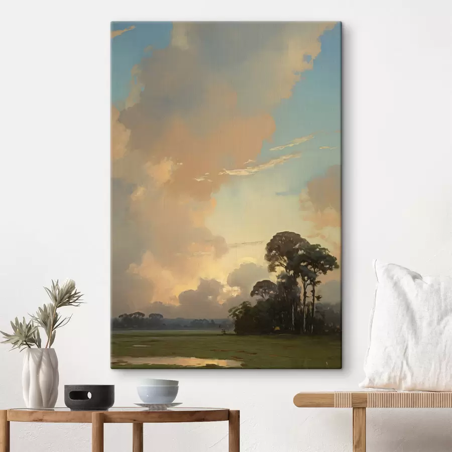  Schilderijen Een landschap met een grasveld en bomen in de verte, een bewolkte hemel s49774