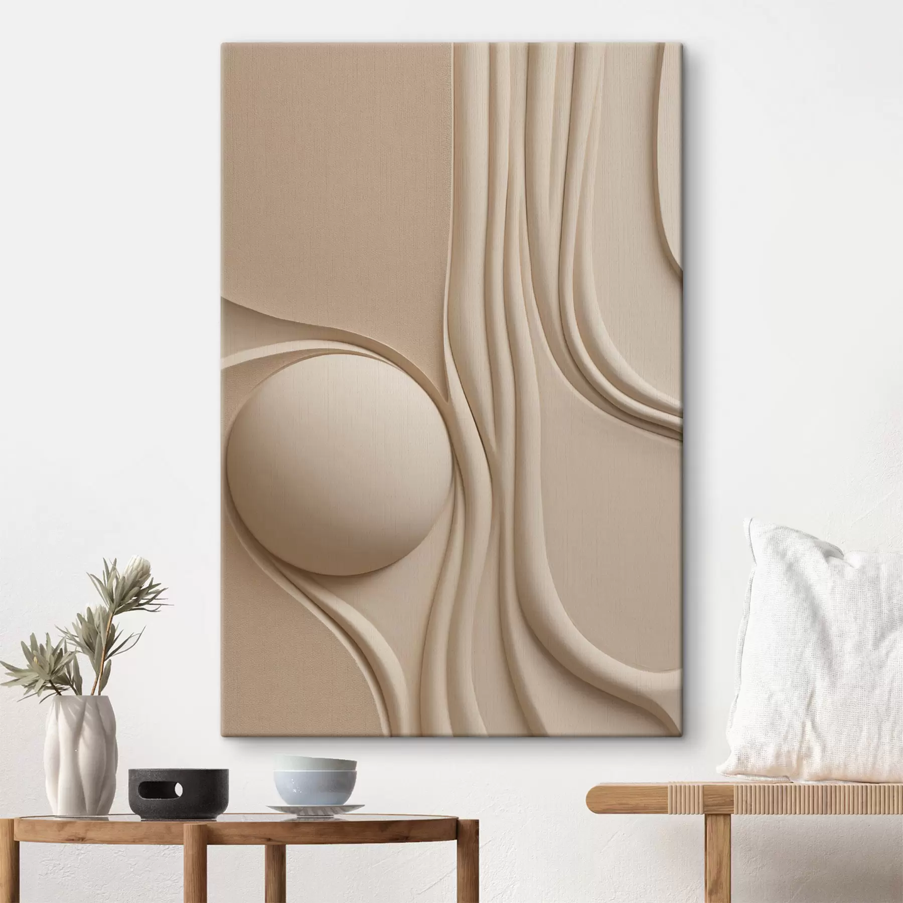  Schilderijen Een beige, abstract kunstwerk met textuur, vloeiende lijnen en een bol s49776