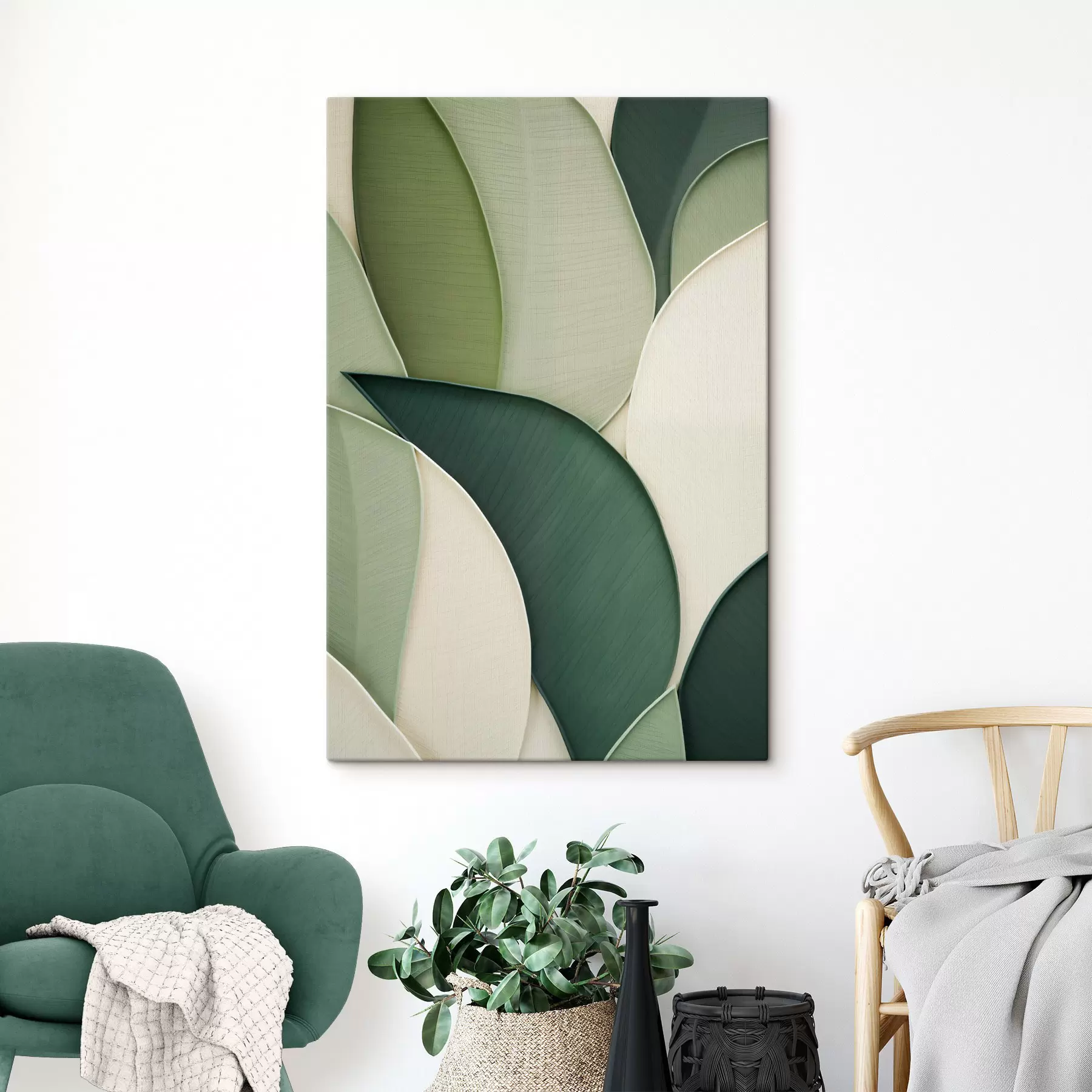  Schilderijen Abstracte kunst met overlappende groene en crèmekleurige organische vormen s49777