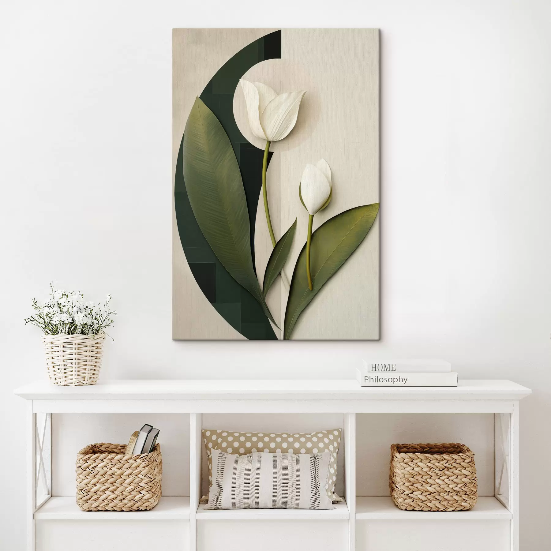  Schilderijen Witte tulpen met groene bladeren en stelen, abstracte kunst s49779