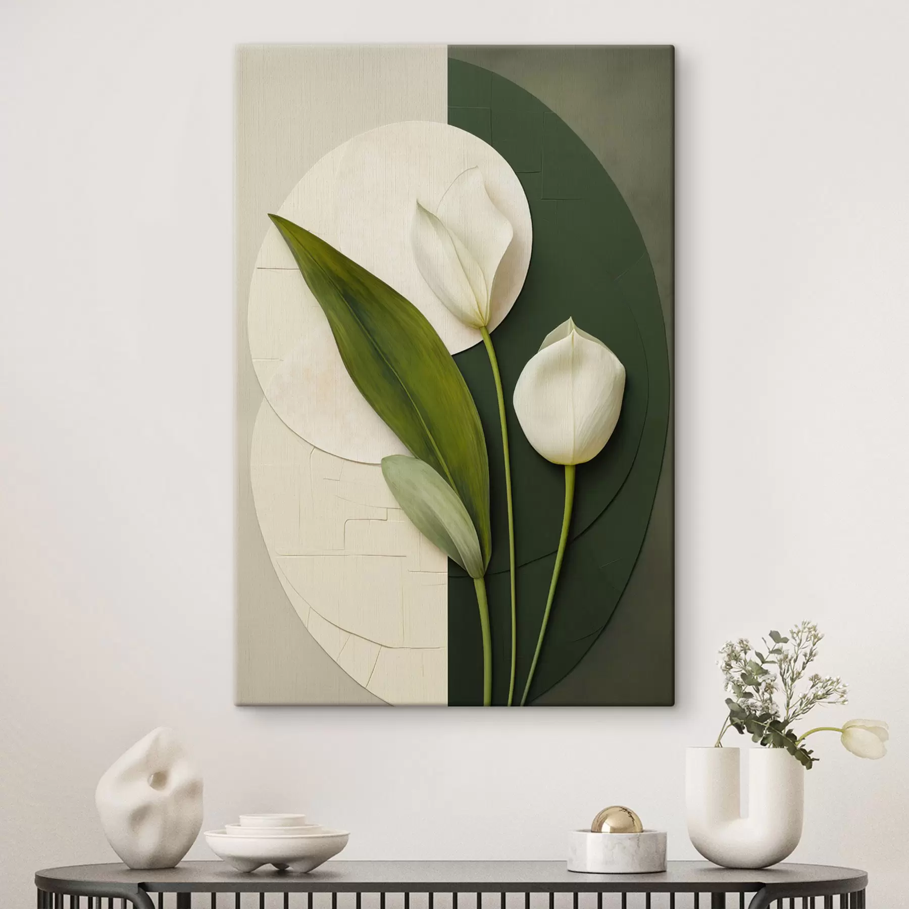  Schilderijen Witte tulpen met groene bladeren en stelen, abstracte kunst s49780